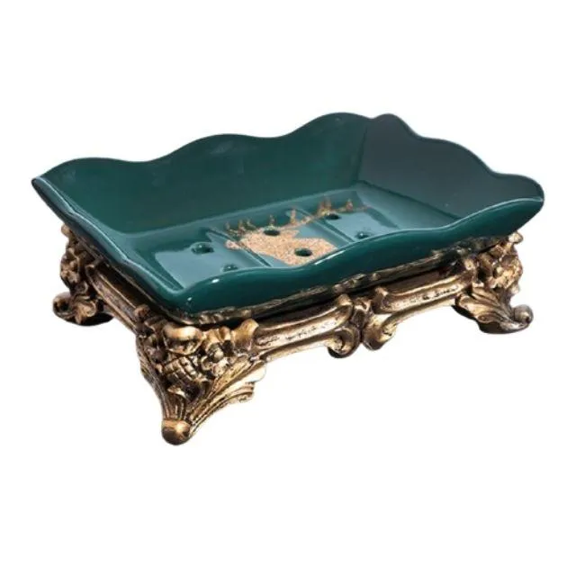 Porte savon piédestal vintage vert et doré