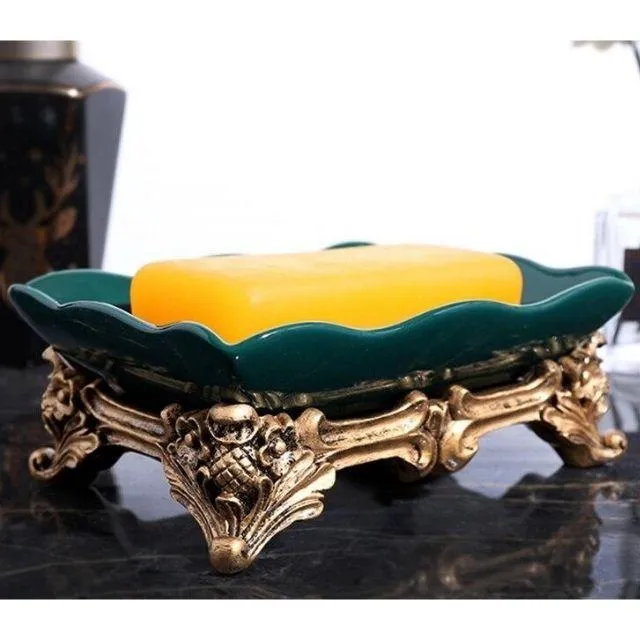 Porte savon piédestal vintage vert et doré