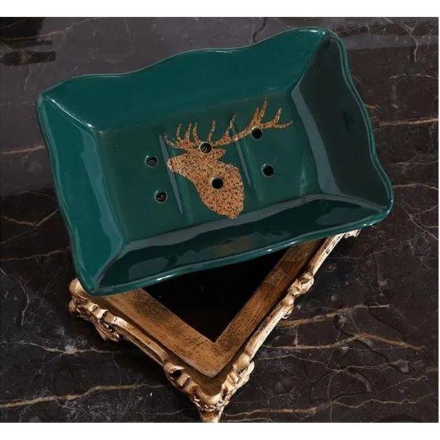 Porte savon piédestal vintage vert et doré