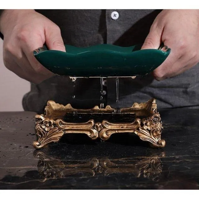 Porte savon piédestal vintage vert et doré