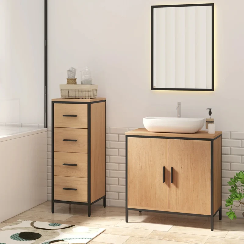 OakEdge Moderne Wastafelmeubel 60×60×30 cm – Licht Eiken & Zwart Frame