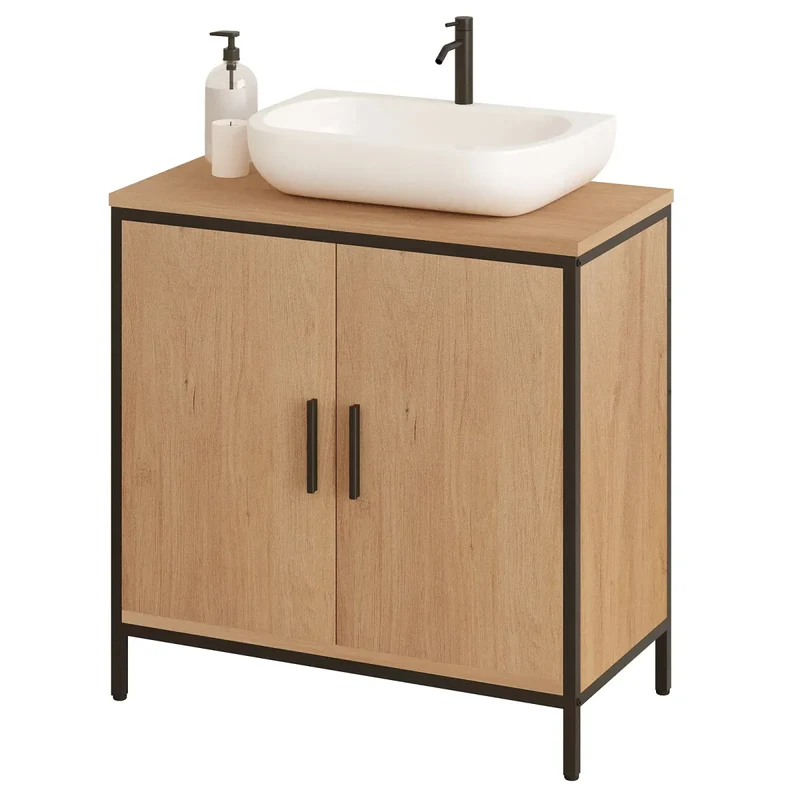 OakEdge Moderne Wastafelmeubel 60×60×30 cm – Licht Eiken & Zwart Frame
