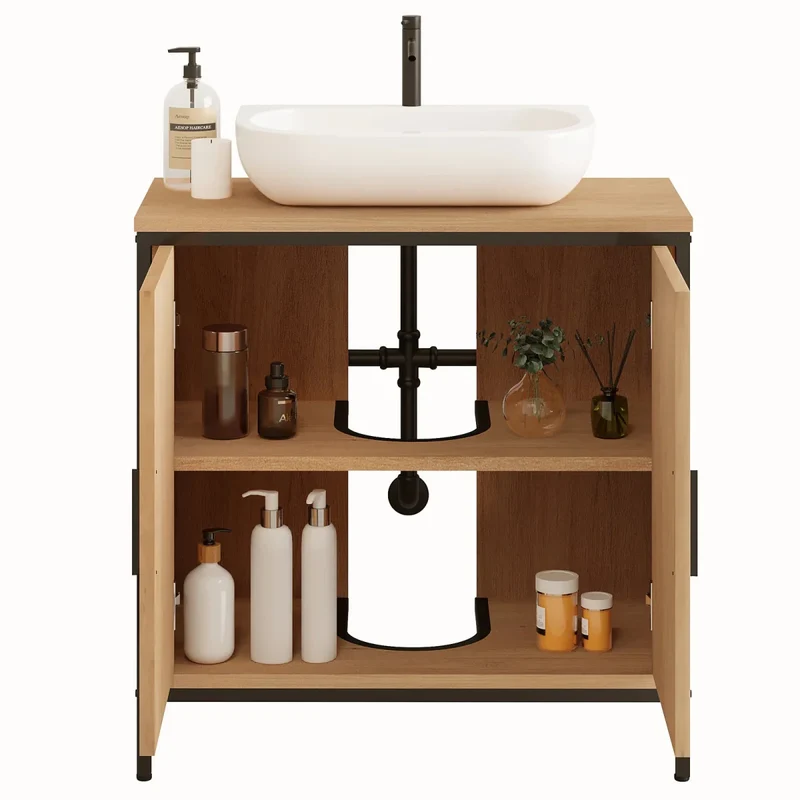 OakEdge Moderne Wastafelmeubel 60×60×30 cm – Licht Eiken & Zwart Frame