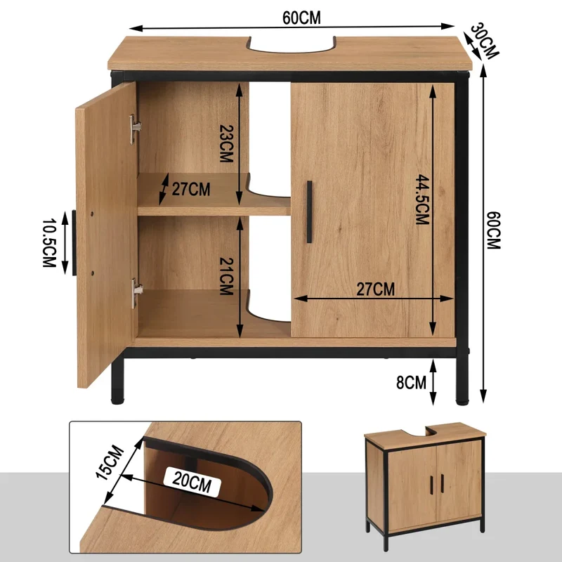 OakEdge Moderne Wastafelmeubel 60×60×30 cm – Licht Eiken & Zwart Frame