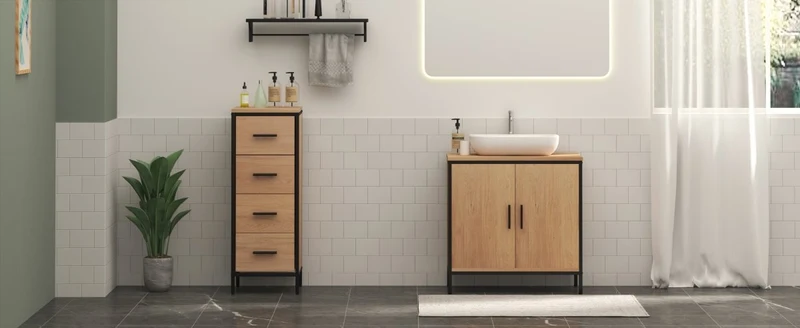 OakEdge Moderne Wastafelmeubel 60×60×30 cm – Licht Eiken & Zwart Frame