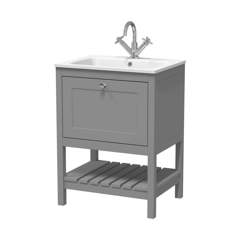 Hudson Reed Bexley 600mm Floor Standing Drawer & Stone Basin 1th Trad Cool Grey MDF Vinyl Smooth Matt,stone 816x610x460mm - BEX225P