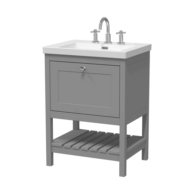 Hudson Reed Bexley 600mm Floor Standing Vanity & Basin 3th Trad Cool Grey Fireclay,MDF Vinyl Smooth Matt 845x613x462mm