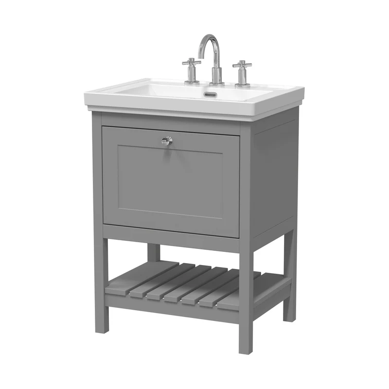 Hudson Reed Bexley 600mm Floor Standing Vanity & Basin 3th Trad Cool Grey Fireclay,MDF Vinyl Smooth Matt 865x630x471mm