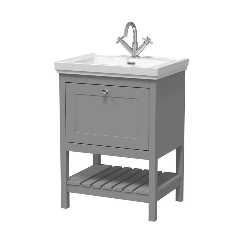 Hudson Reed Bexley 600mm Floor Standing Vanity & Basin 1th Trad Cool Grey Fireclay,MDF Vinyl Smooth Matt 865x630x471mm