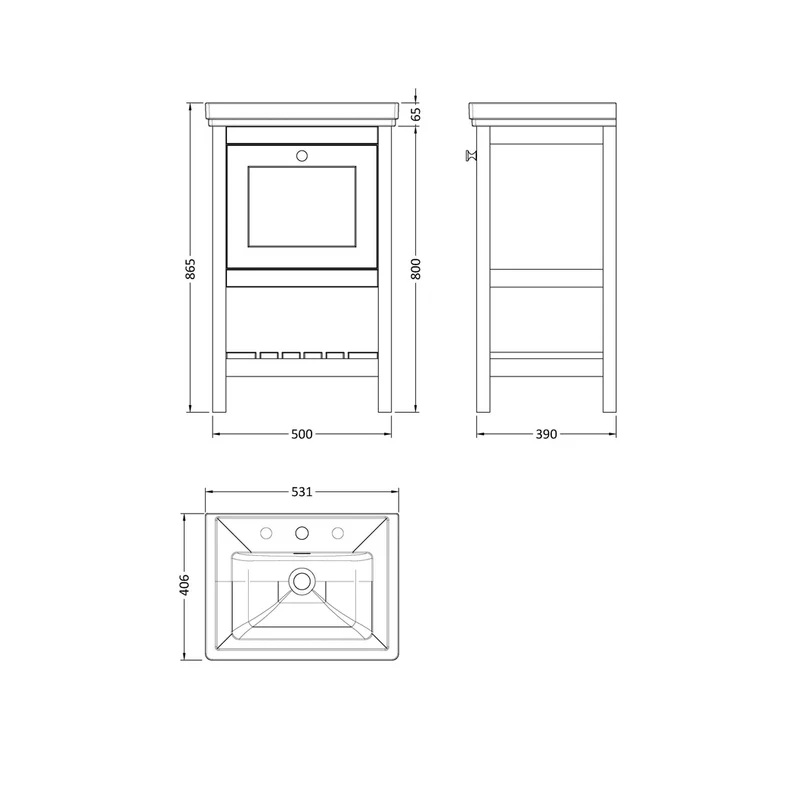 Hudson Reed Bexley 500mm Floor Standing Vanity & Basin 3th Trad Cool Grey MDF Vinyl Smooth Matt 865x531x406mm