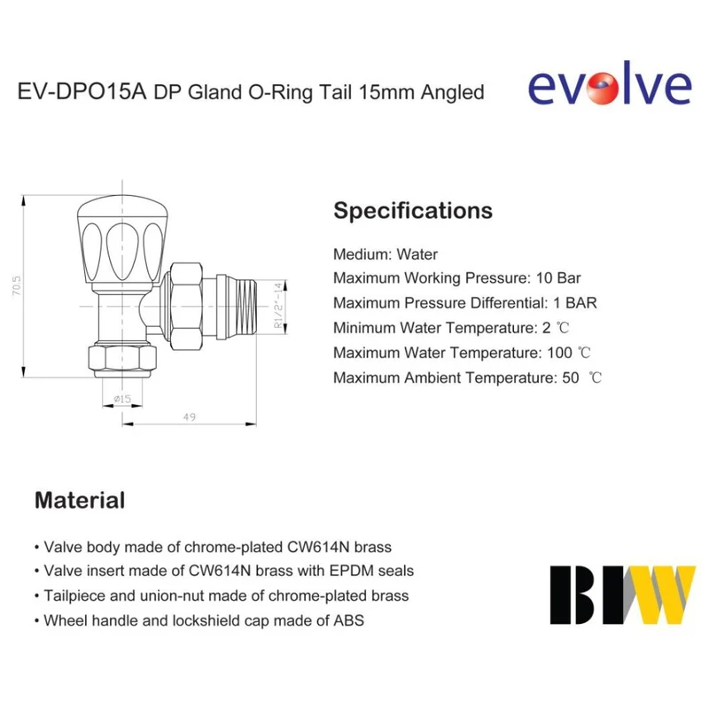 Evolve Double Packing Gland O-Ring Tail 15 mm Angled Wheel Head Valve