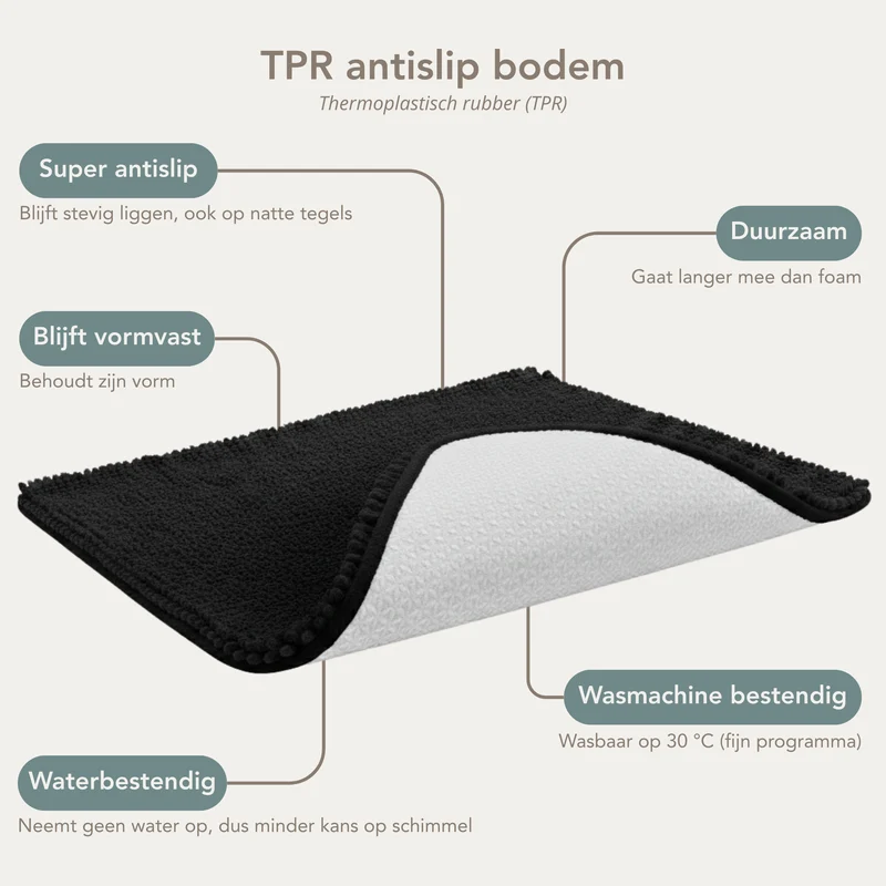 Zwarte Badmat 90×60 cm – Anti-Slip & Absorberend – Badkamermat