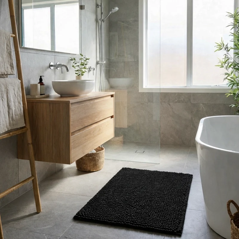 Zwarte Badmat 90×60 cm – Anti-Slip & Absorberend – Badkamermat