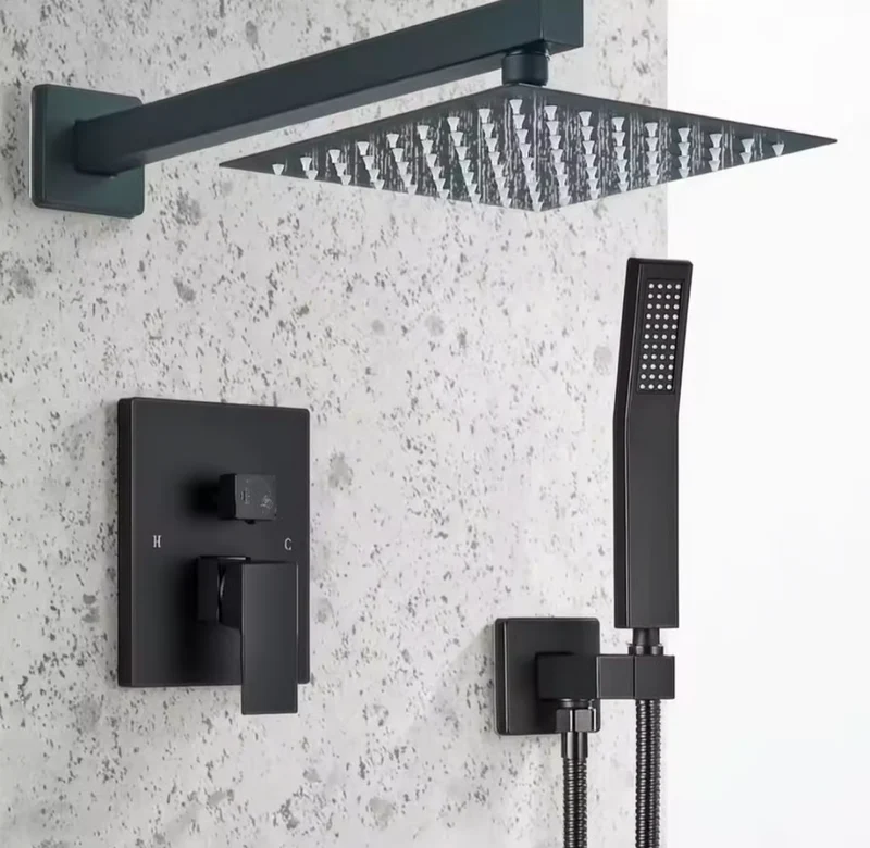 Mat Zwarte Inbouw Doucheset – 3-delige Regendouche & Handdouche – Luxe Strak Design