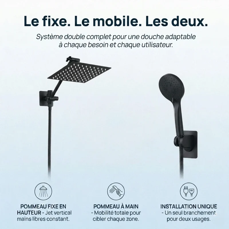 Pommeau de douche double kit complet noir