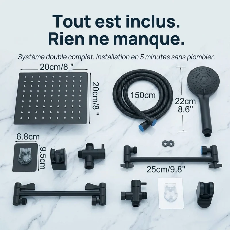 Pommeau de douche double kit complet noir