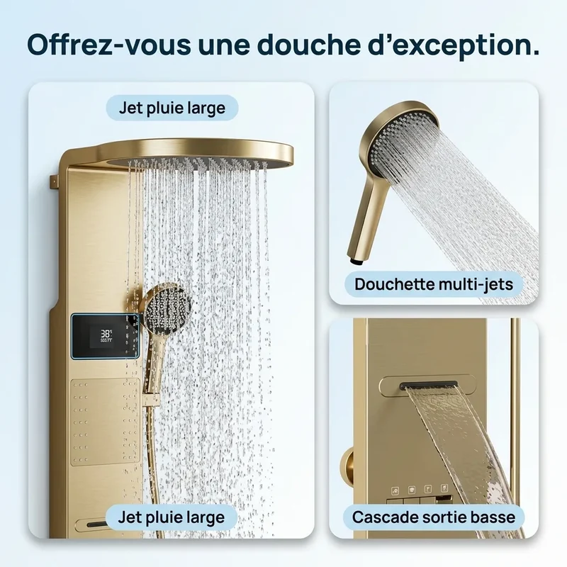 Colonne de Douche Dorée - Anneau LED & Panneau Hydromassant