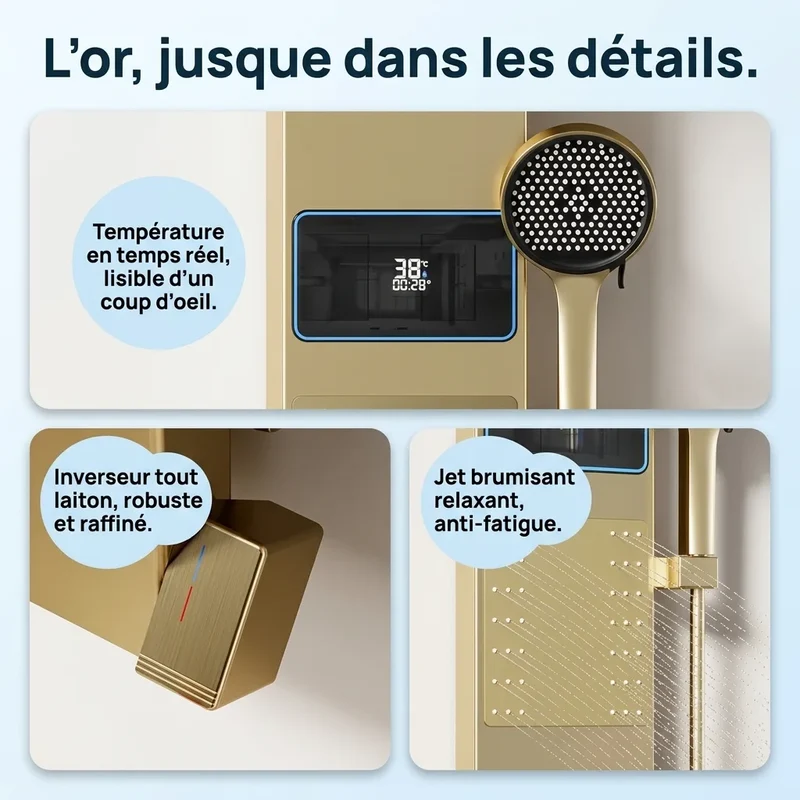 Colonne de Douche Dorée - Anneau LED & Panneau Hydromassant