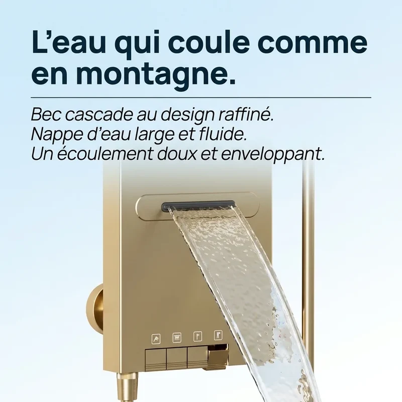 Colonne de Douche Dorée - Anneau LED & Panneau Hydromassant