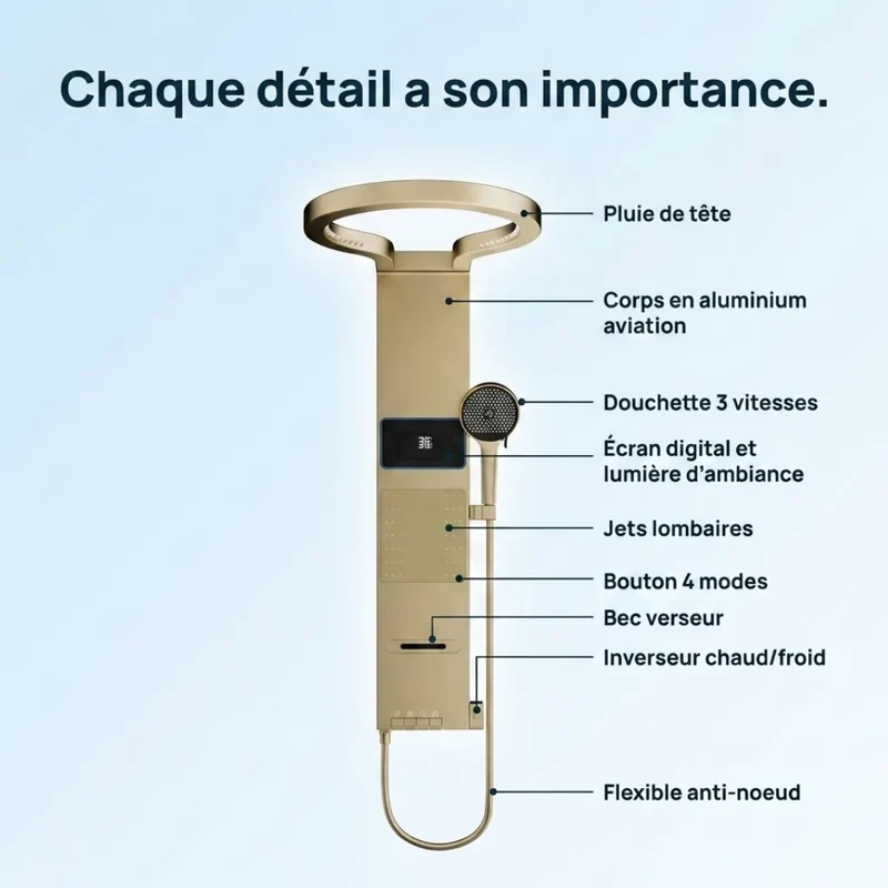 Colonne de Douche Dorée - Anneau LED & Panneau Hydromassant