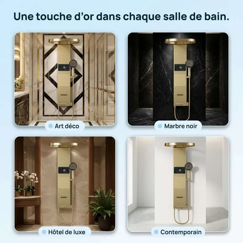 Colonne de Douche Dorée - Anneau LED & Panneau Hydromassant
