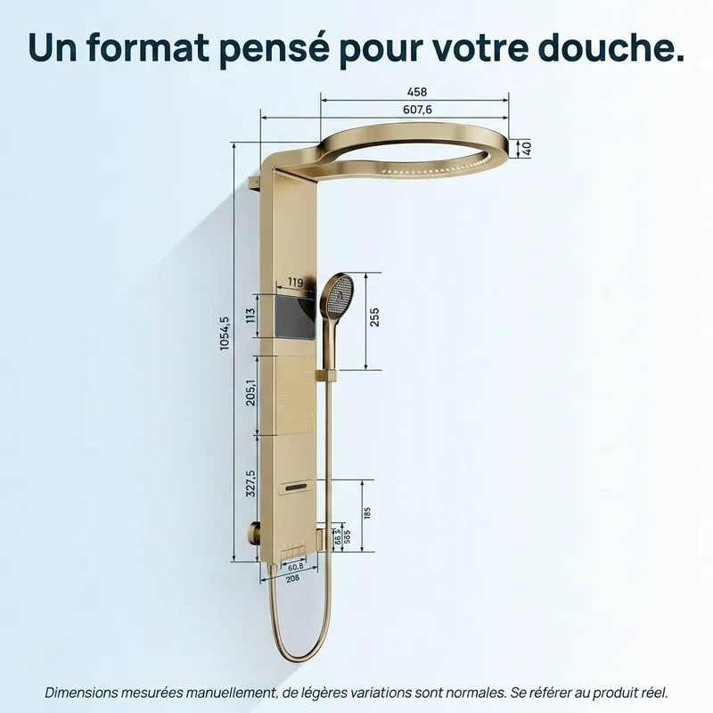 Colonne de Douche Dorée - Anneau LED & Panneau Hydromassant