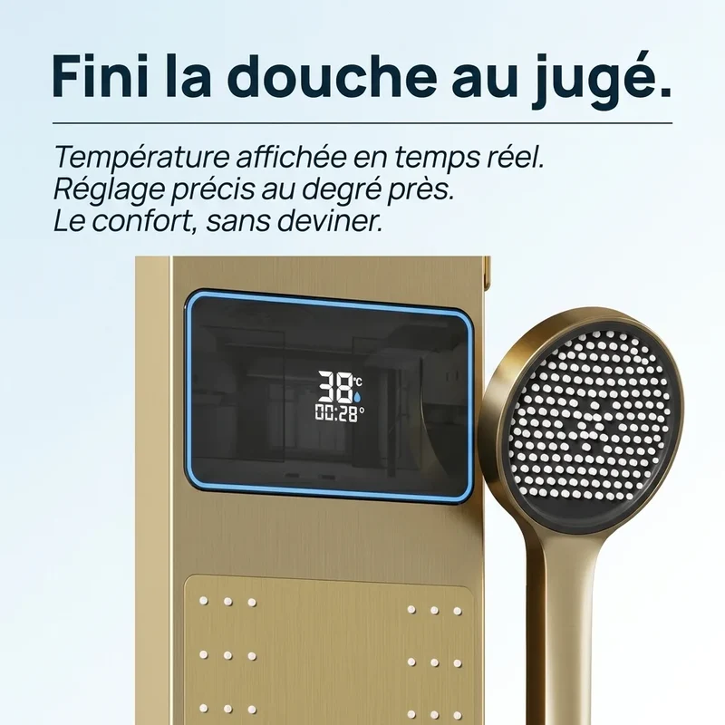 Colonne de Douche Dorée - Anneau LED & Panneau Hydromassant