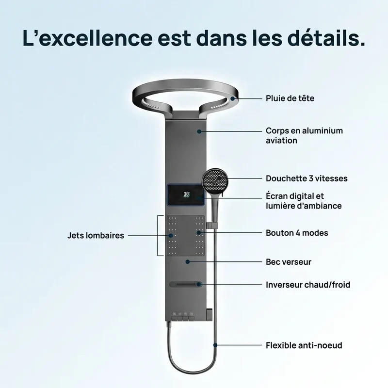 Colonne de Douche Argent - Pluie Céleste & Affichage Digital