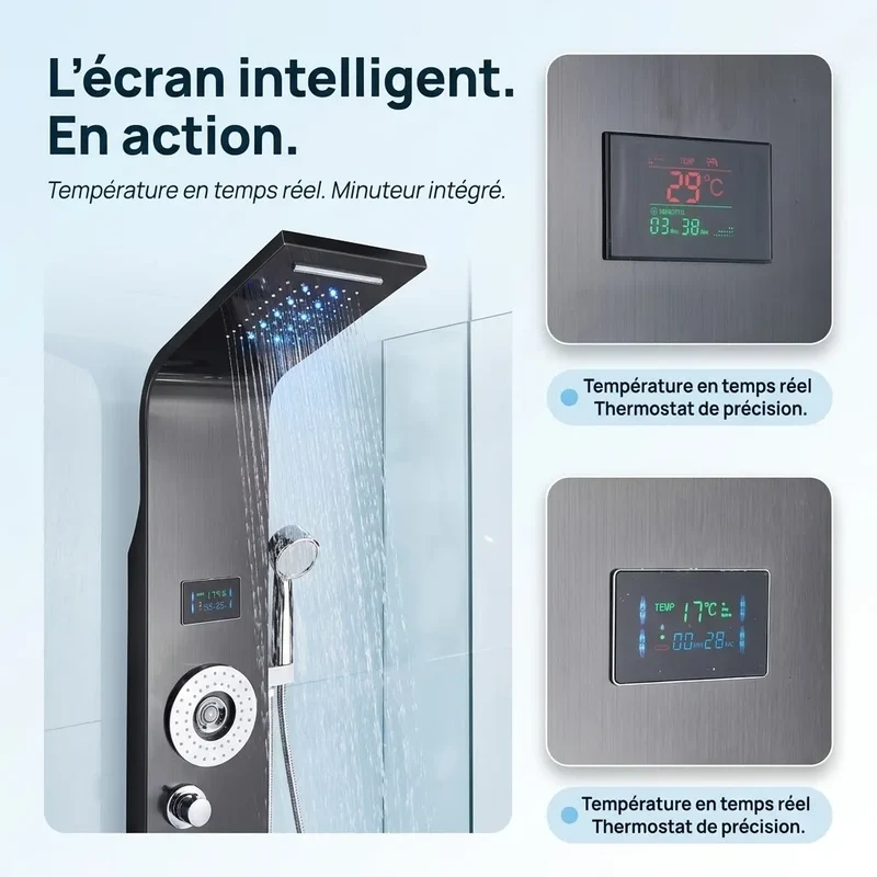 Colonne de Douche Hydromassante Noire - 6 Fonctions & Jets Spa