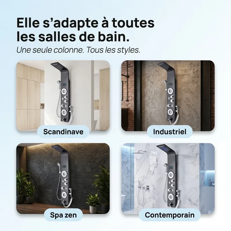 Colonne de Douche Hydromassante Noire - 6 Fonctions & Jets Spa