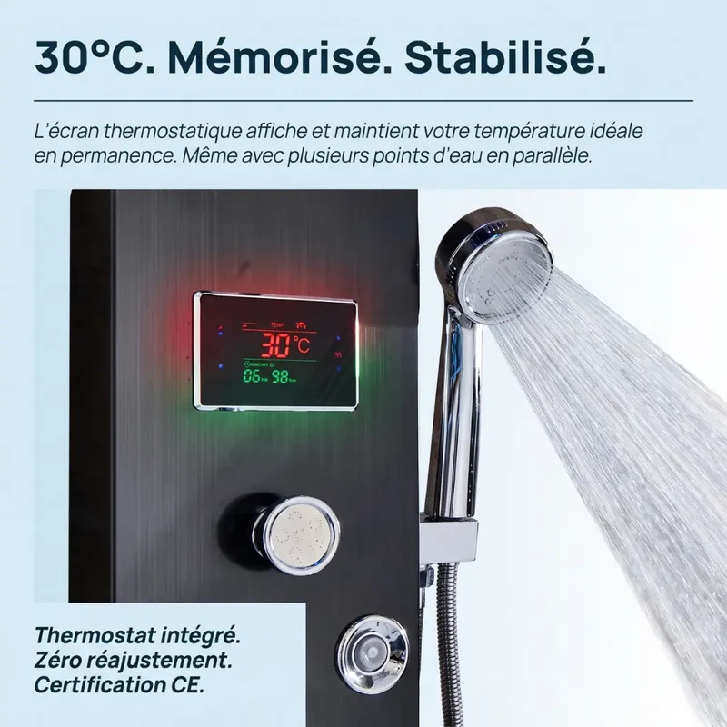 Colonne de Douche Noire LED - Mitigeur & Jets Hydromassants