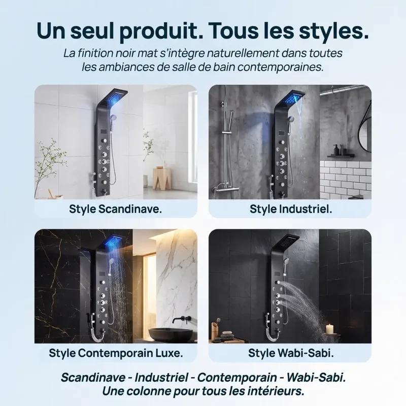 Colonne de Douche Noire LED - Mitigeur & Jets Hydromassants
