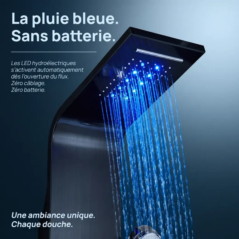 Colonne de Douche Noire LED - Mitigeur & Jets Hydromassants