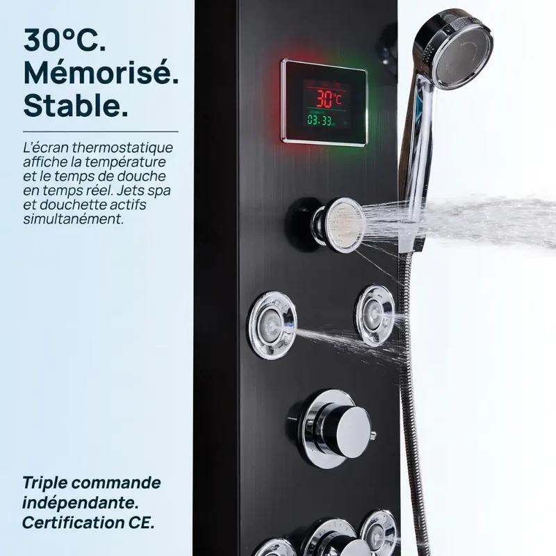 Colonne de Douche Noire LED - Mitigeur & Jets Hydromassants