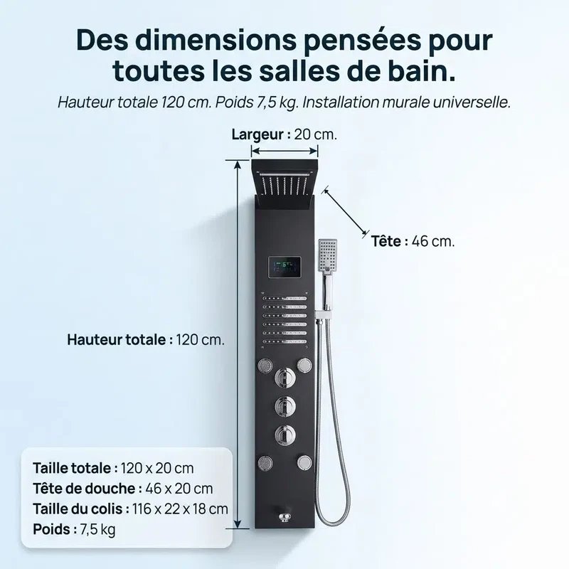 Colonne de Douche Thermostatique Noire - LED & Double Pommeau
