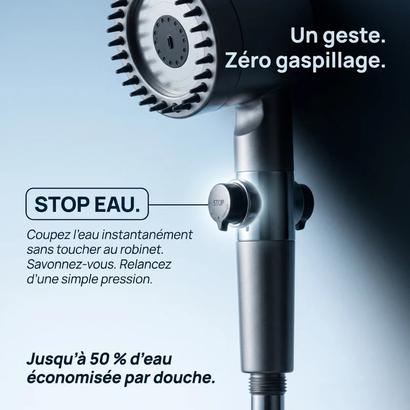 Pommeau de douche économique stop eau avec brosse