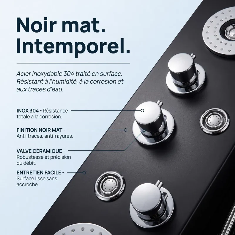 Colonne de Douche Thermostatique Noire - LED & Cascade Pluie