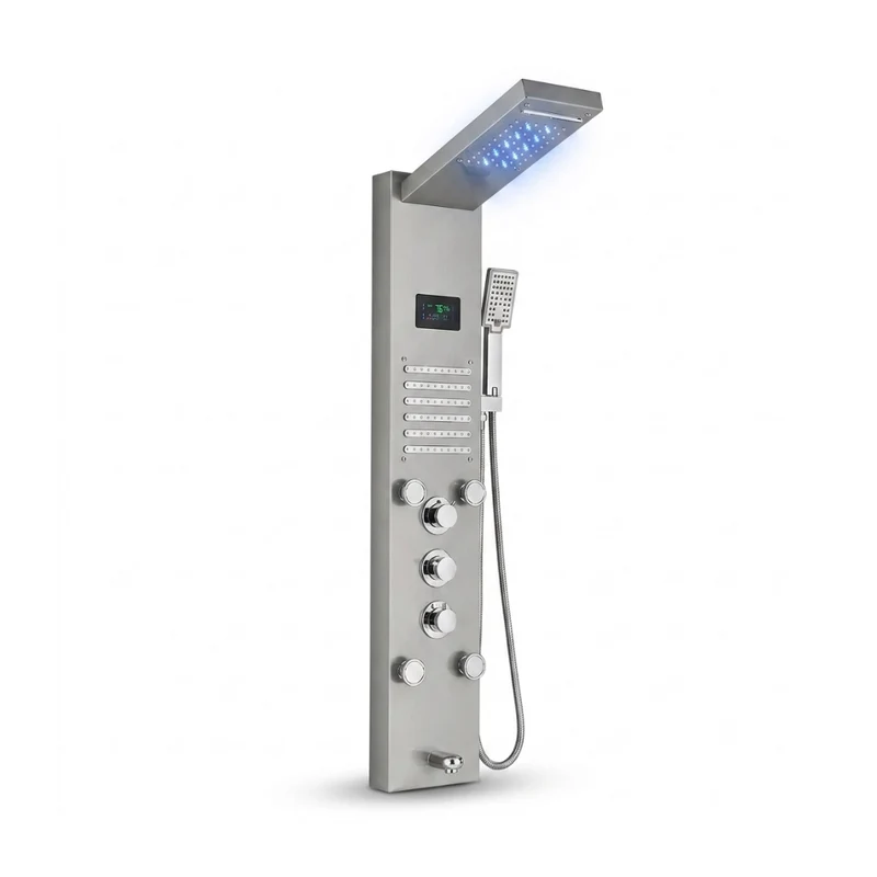 Colonne de Douche Thermostatique - LED & Double Pommeau - Argent