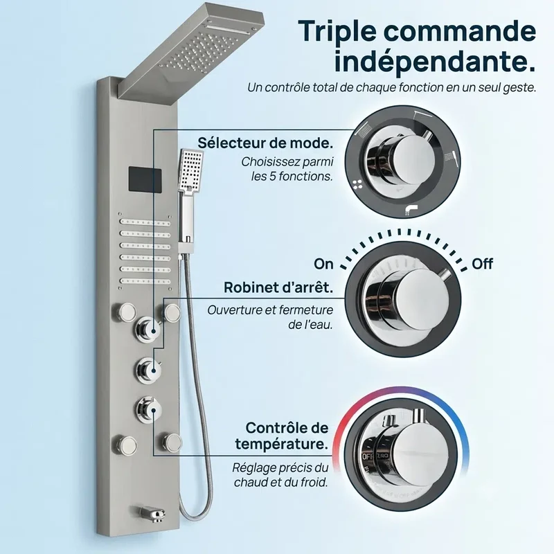 Colonne de Douche Thermostatique - LED & Double Pommeau - Argent