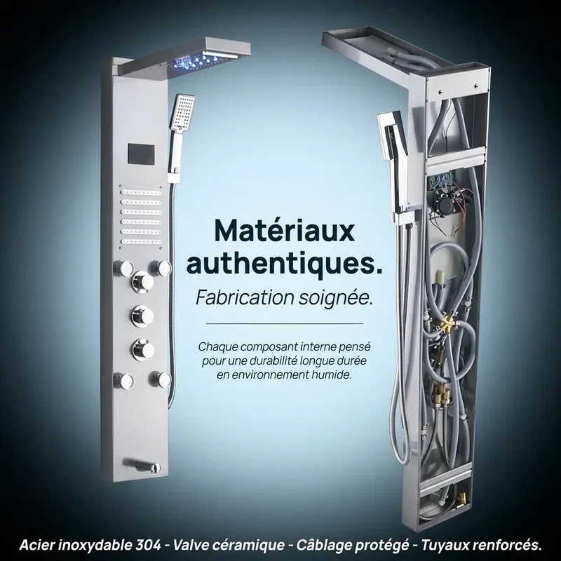Colonne de Douche Thermostatique - LED & Double Pommeau - Argent