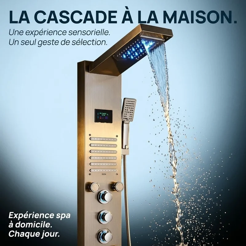 Colonne de Douche Thermostatique - LED & Double Pommeau - Argent