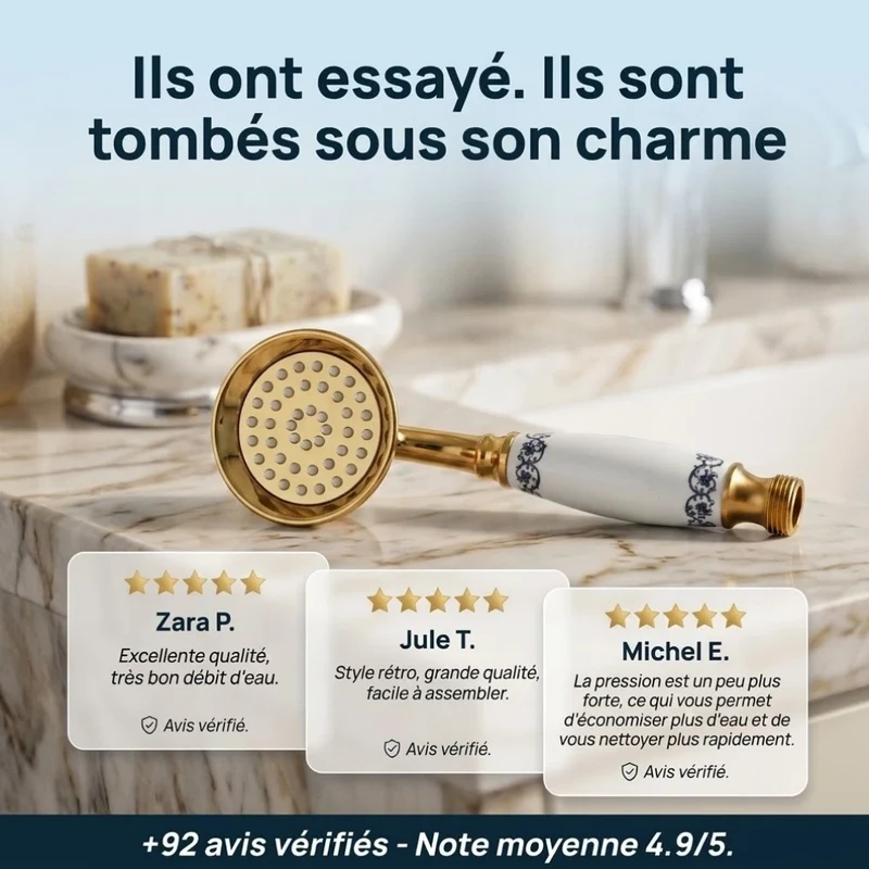 Pommeau de douche doré vintage à buses motif fleur