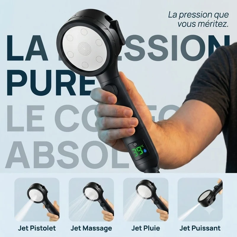 Pommeau de douche noir avec affichage numérique