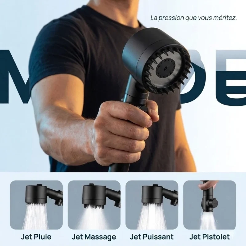 Pommeau de douche noir stop eau avec brosse