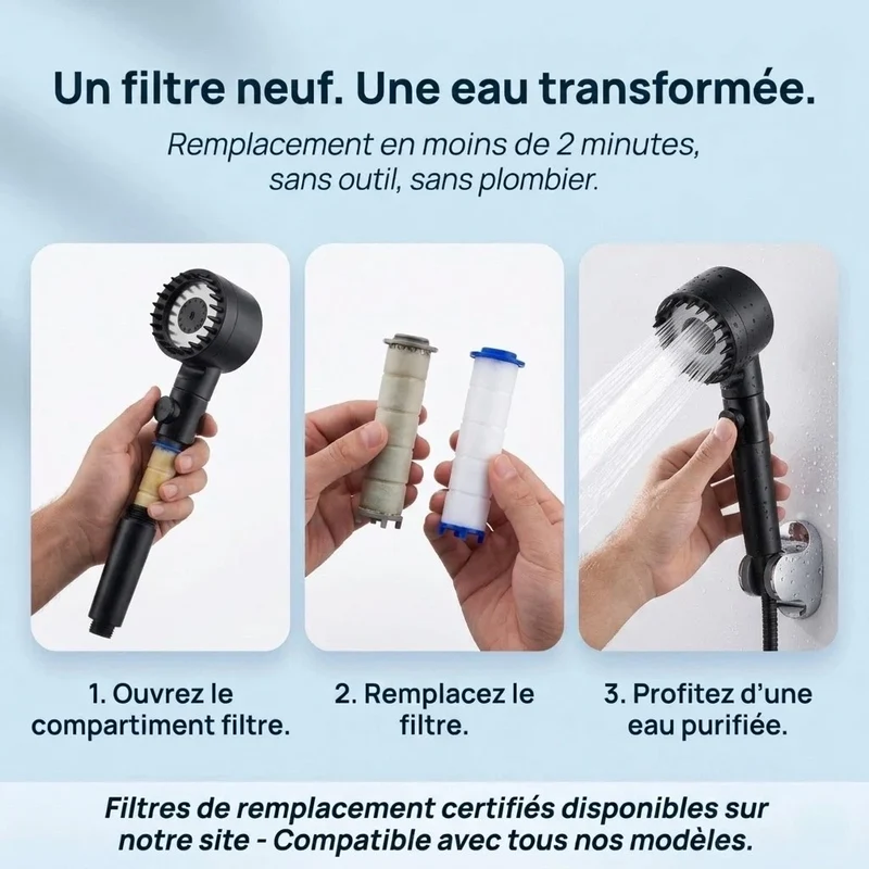 Pommeau de douche noir stop eau avec brosse