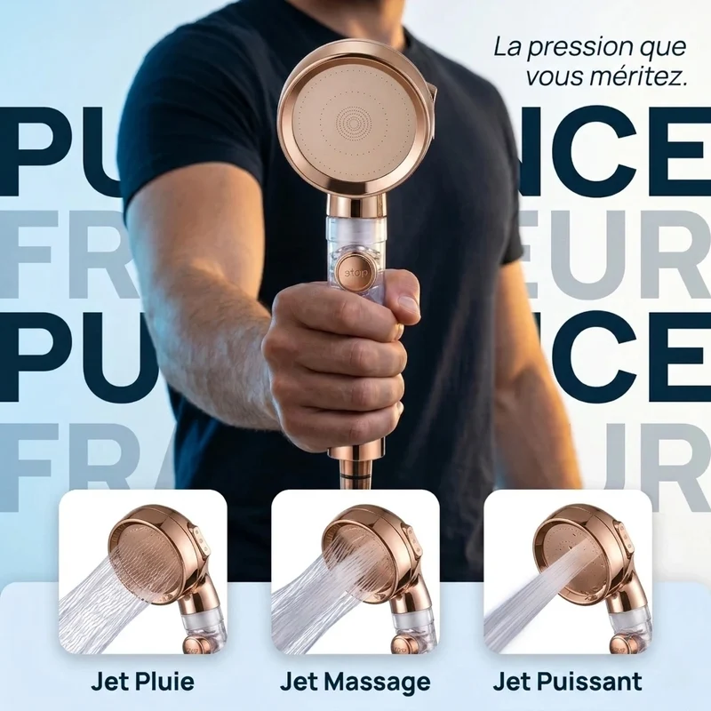 Pommeau de douche or rose anti calcaire turbo chargé