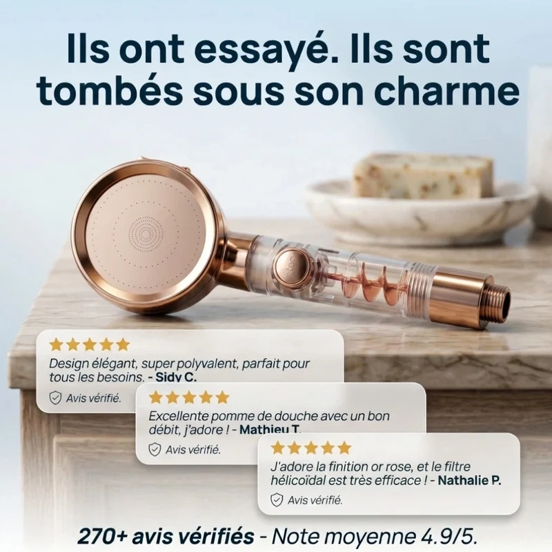 Pommeau de douche or rose anti calcaire turbo chargé