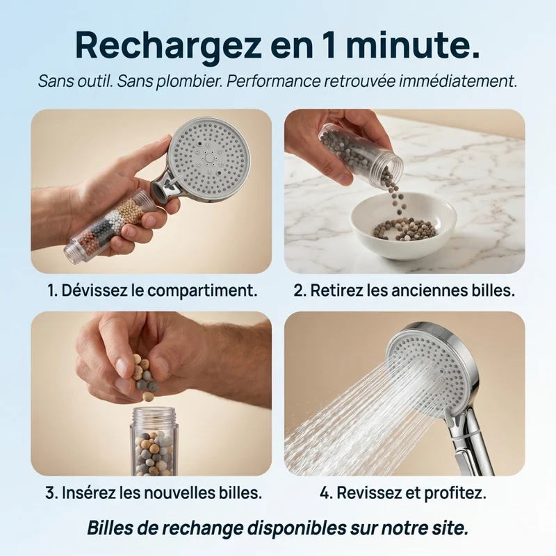 Pommeau de douche anti calcaire à billes multifonction