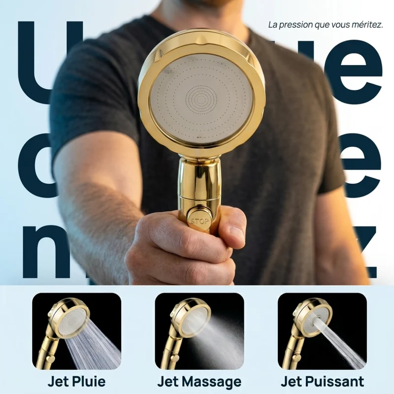 Pommeau de douche doré stop eau