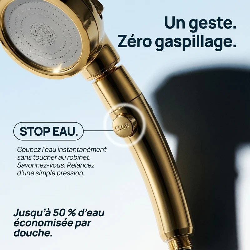 Pommeau de douche doré stop eau